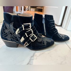 Chloe Navy Blue Studded Velvet Susanna Boots